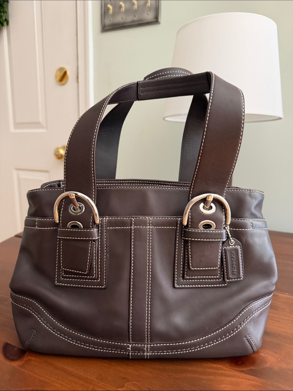 Coach Dark Brown Leather Tote with White Stitching & Silver Hardware